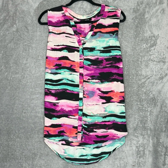 Apt 9 1X Shirt Top Purple Green Striped Button Up Sleeveless V Neck High Low - Picture 1 of 8